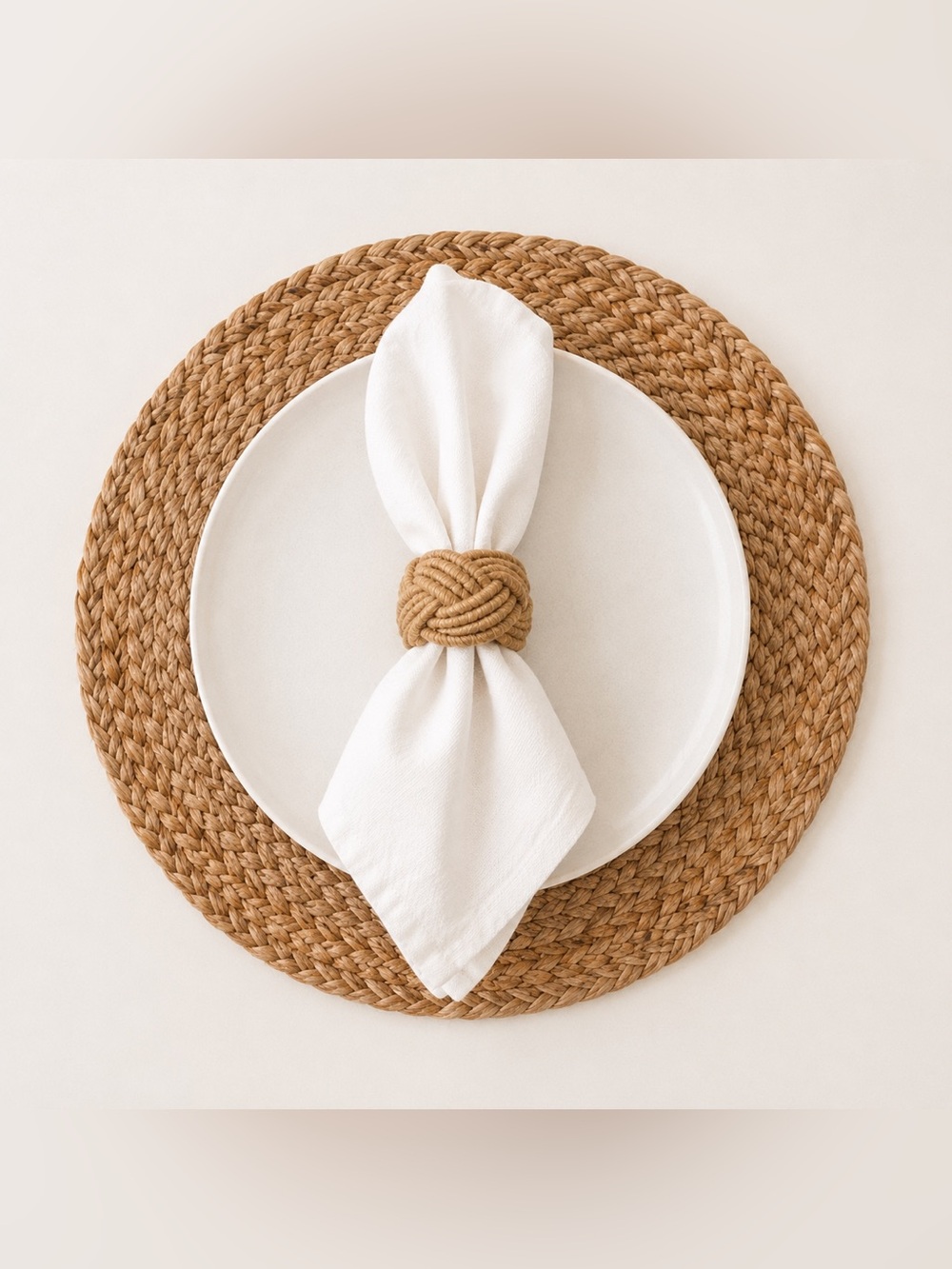 Natural woven jute placemat chargers (6) + napkin ring set